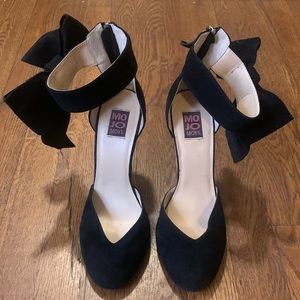 Mojo Moxy Black Suede Ankle Bow Heels with Zip up Back Retro Vibe